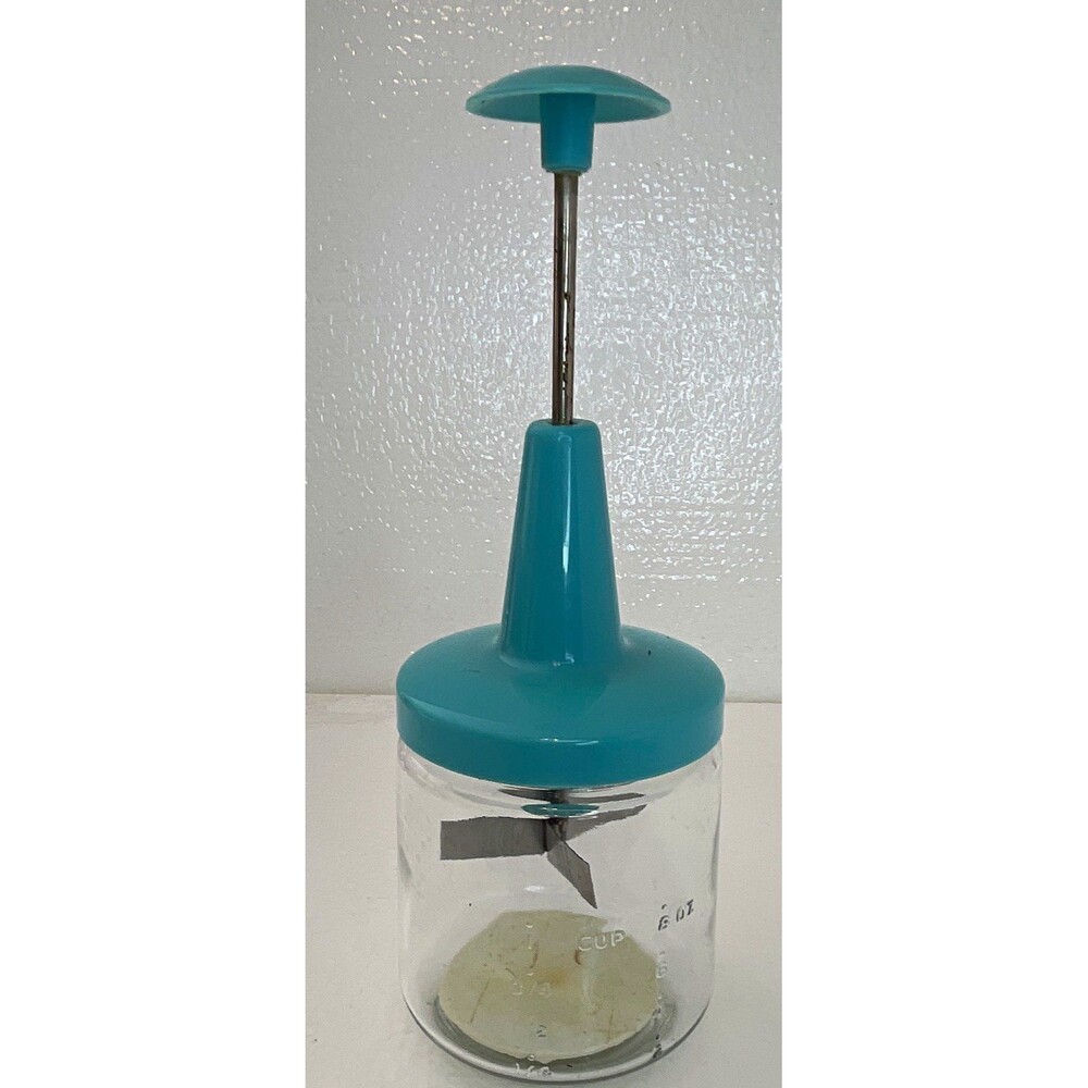 Vintage MCM Androck Manual Push Food Chopper 1 Cup w/ Container Turquoise/Clear